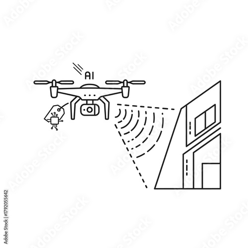 AI-powered quadcopter drone with a camera and payload scanning a building, a minimalist line art illustration.