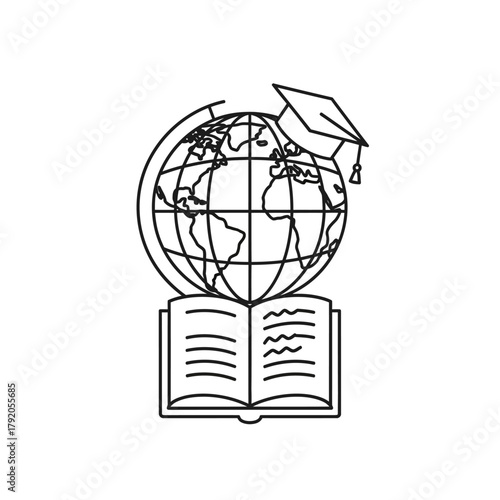 Open Book with Globe and Graduation Cap Symbolizing Global Education.