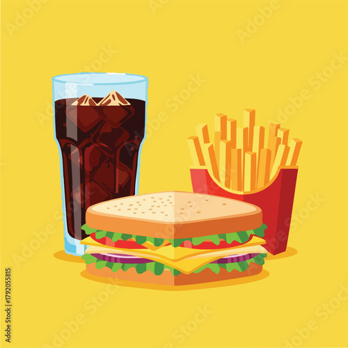 Hamburger with cheese lettuce tomato served with fries and cola.
