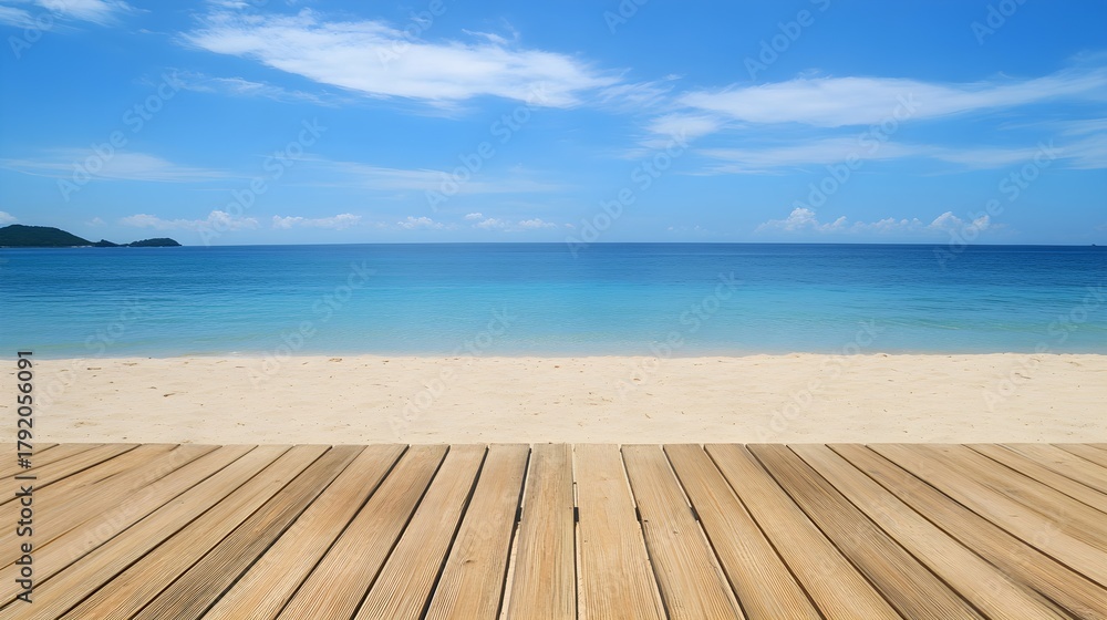 Fototapeta premium Light Brown Wooden Deck Beach Sand Ocean Summer Sky