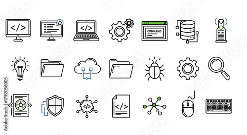 Set of twenty black line art technology icons for coding and data management.