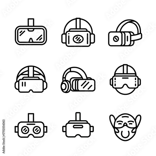 Collection of nine black outline virtual reality headset icons in various designs and perspectives.