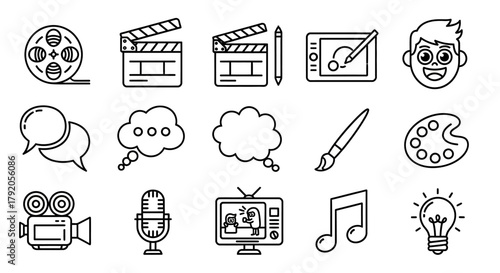 A collection of black and white doodle-style icons representing creative arts, filmmaking, and communication.