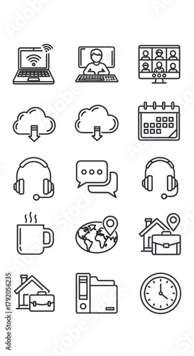 Set of textured line art icons for remote work, telecommuting, and virtual meetings.