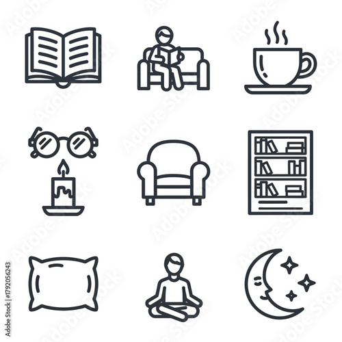 Minimalist line art icons for cozy reading, relaxation, and comfort activities.