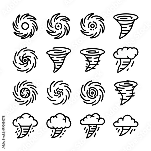 A collection of sixteen black line art icons depicting stylized tornadoes, swirling hurricanes, and stormy weather.