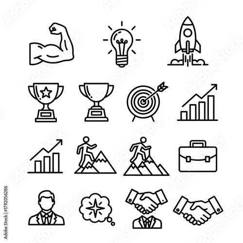 Collection of Business and Success Related Line Icons - Strength, Idea, Rocket, Trophies, Target, Growth.
