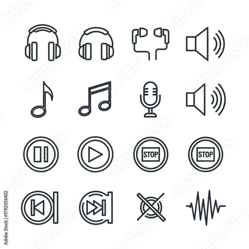 Set of black outline icons for music and audio, including headphones, notes, microphone, and media player control buttons.
