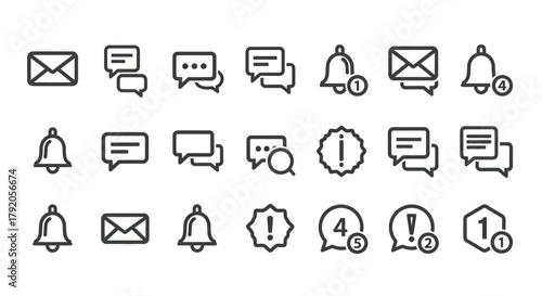 A set of black outline icons for notifications, messages, and alerts, featuring chat bubbles, envelopes, and bells with number badges.