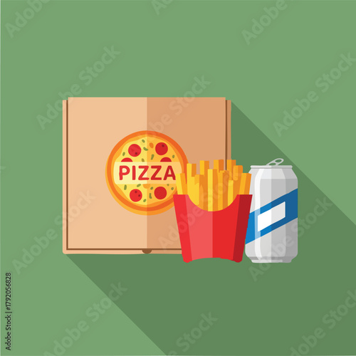 Pizza box with fries and soda can arrangement.