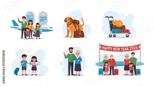 Family travel: Visual story about traveling together with airplane, bags, dog