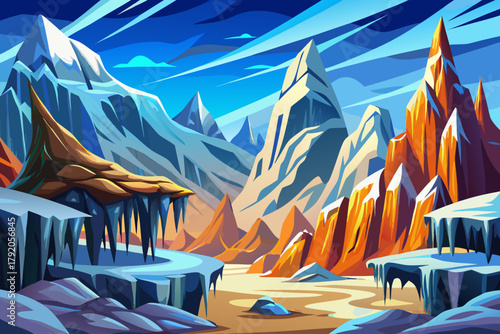 Sharp rocky cliffs covered cartoon vector background with snow and frozen icicles in dramatic mountain light