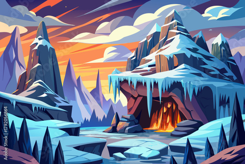 Sharp rocky cliffs covered cartoon vector background with snow and frozen icicles in dramatic mountain light