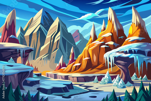 Sharp rocky cliffs covered cartoon vector background with snow and frozen icicles in dramatic mountain light