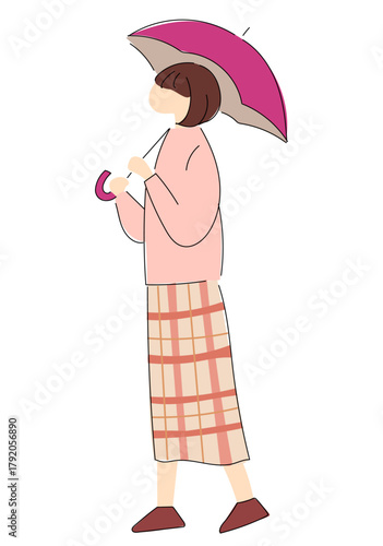 ゆるかわいい傘を持つ私服女性のシルエット