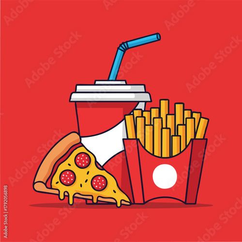 Pizza slices French fries and soda fast food trio.