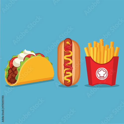 Taco hotdog and french fries trio.