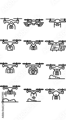 A collection of black and white line art icons depicting various quadcopter drones for photography, surveillance, and delivery services.