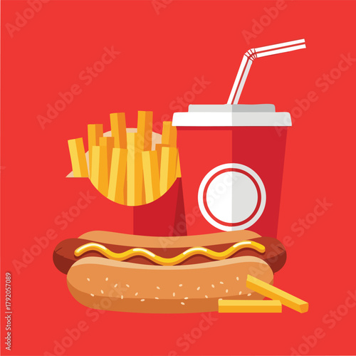 Vibrant fast food trio featuring hot dog fries and soda.