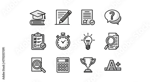 Education and Learning Icon Set - Graduation Cap, Exam, Stopwatch, Calculator, Trophy, and More.