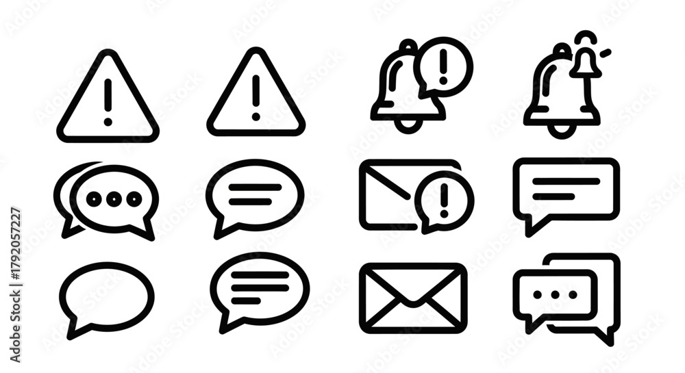 Fototapeta premium Collection of Black and White Notification Icons - Alert, Bell, Message, and Email.