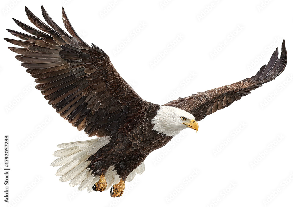 Fototapeta premium Eagle soars, brown body, white head, wings spread wide