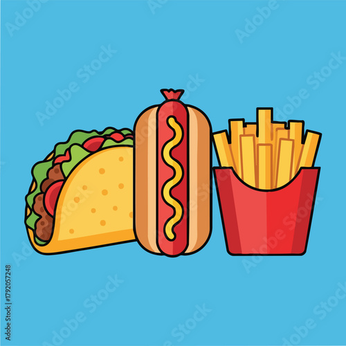 Vibrant fast food trio featuring taco hot dog and fries.