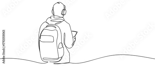 A man with his back turned, wearing headphones and carrying a bag, one continuous line. simple outline vector illustration. Editable stroke.