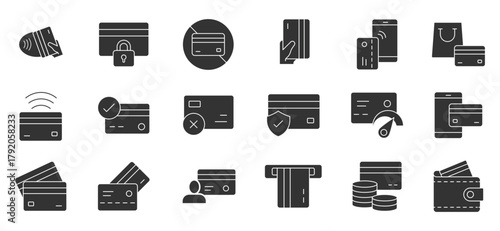 Credit card solid icon set. Containing payment, accepted, secure, money, contactless, ATM, wallet and more. Solid gray Icon Collection.