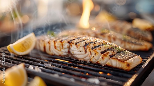 A close-up shot of a grilled fish with crispy skin and flaky flesh.