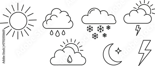 A set of various weather condition icons, including sun, clouds, rain, snow, lightning, and moon.
