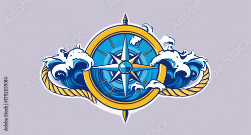 Vector illustration of a nautical set featuring an old sailing ship, anchor, wheel, compass, and marine star design