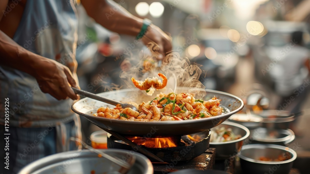 Obraz premium A street food vendor in Bangkok ladling tom yum soup into bowls.