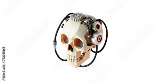 Black and white scary human skull with a reel of film isolated for a spooky anatomy science horror object