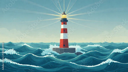 Coastal safety beacon: a white and red lighthouse tower standing firm against the ocean fog, a landmark for nautical travel and navigation