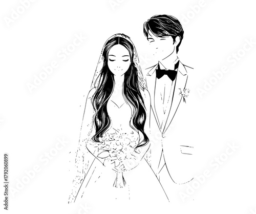 a black and white line drawing of a bride and groombeautiful, bride, catch, cocktail dress, couple, groom, illustration, man, newlywed, stand, veil, wedding, wedding couple, wedding dress, woman 