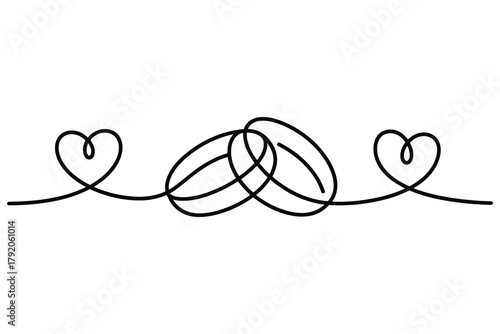 Eternal Bonds: Elegant line art depicting two intertwined rings, symbolizing everlasting love and commitment, adorned with delicate heart motifs.