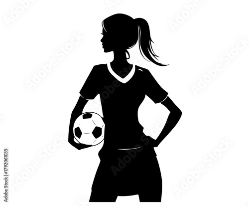 a silhouette of a female soccer player holding a ballball, black, catch, football, girl, hand, profile, sports ball, stand, woman 