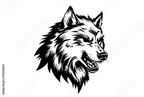 a fierce wolf head with blue eyes, depicted in black and whiteanimal, black, blue, eye, head, husky, illustration, image, logo, wolf 