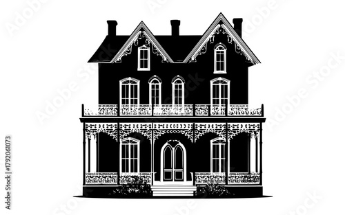 a black and white silhouette of a large victorian house with ornate architecturebalcony, black, building, chimney, gothic, home, house, house exterior, icon, illustration, pillar, porch, style, white 