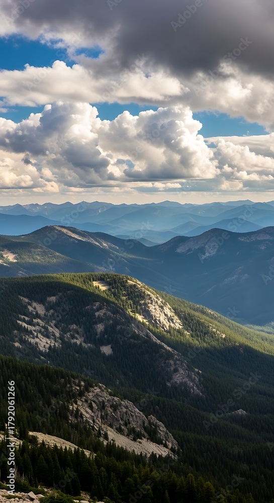 Fototapeta premium Dramatic Mountain Range Landscape with Shadow Play, Cloudy Sky Vista, Forested Hills, Mountainous Terrain Beauty, Wilderness Scene, Natural Light, Blue Mountains