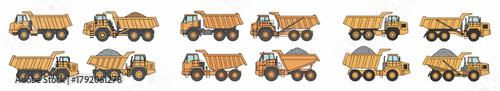 Dump trucks in various views, construction equipment