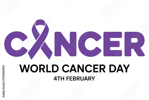 Awareness of World Cancer Day: A graphic dedicated to raising cancer awareness, featuring the iconic purple ribbon entwined with the word CANCER and the date for World Cancer Day.