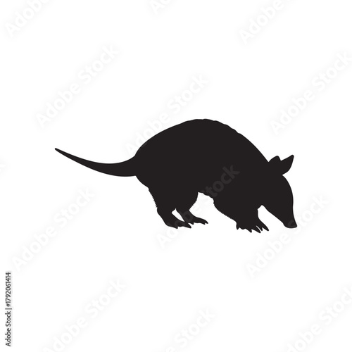 Silhouette of an armadillo standing with its head down and tail extended on a white background
