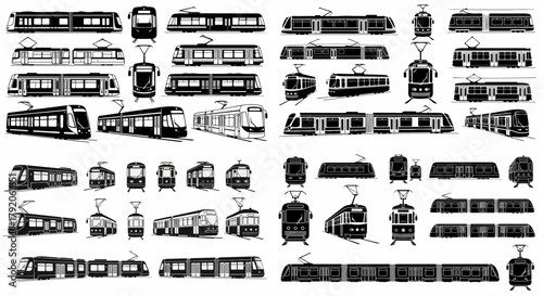 Various tram and streetcar designs in black and white