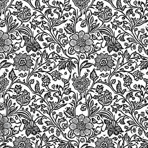 Black and white floral pattern with intricate vintage-style design. Hand-drawn repeating motif featuring detailed flowers, leaves, and vines for textile, wallpaper, or elegant background use.