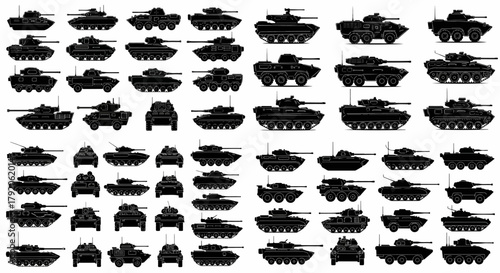 Military tanks silhouettes collection side view