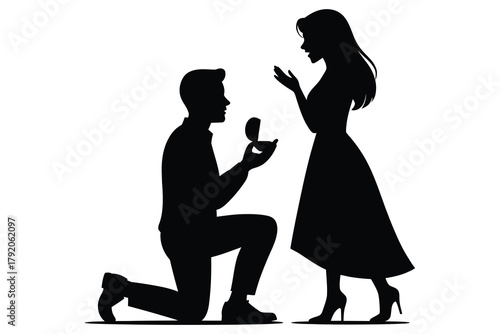Romantic Proposal Silhouette: A man kneels, offering a ring in a tender moment, as the silhouette of a woman expresses surprise and anticipation, capturing a timeless scene of love and commitment.