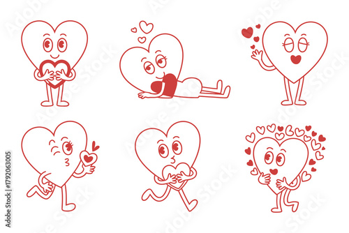 Animated Heart Characters: An adorable cartoon ensemble of animated heart characters, expressing a range of emotions and actions in a cute, playful manner. 