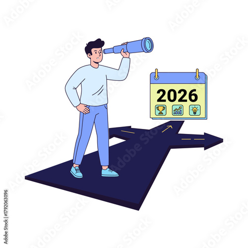 Vector Illustration Of Looking Ahead to 2026 : Future Planning, Business Strategy, and Visionary Goal Setting. Vision 2026 Element. 